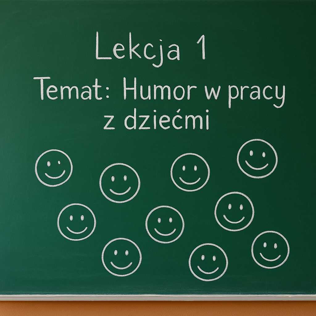 Zielona szkolna tablica z napisem &bdquo;Lekcja 1 &ndash; Humor w pracy z dziećmi&rdquo;, narysowane kredą uśmiechy i gwiazdki &ndash; ilustracja do artykułu o humorze w pracy z dziećmi.